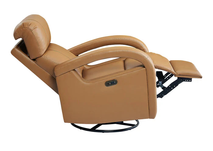 A caramel-brown swivel power recliner with a smooth leather finish and an extended footrest, offering a cozy and versatile option.