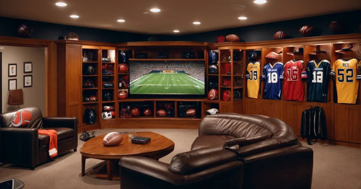 A dedicated sports fan's home theater showcasing an array of sports memorabilia and a live game on a large screen.