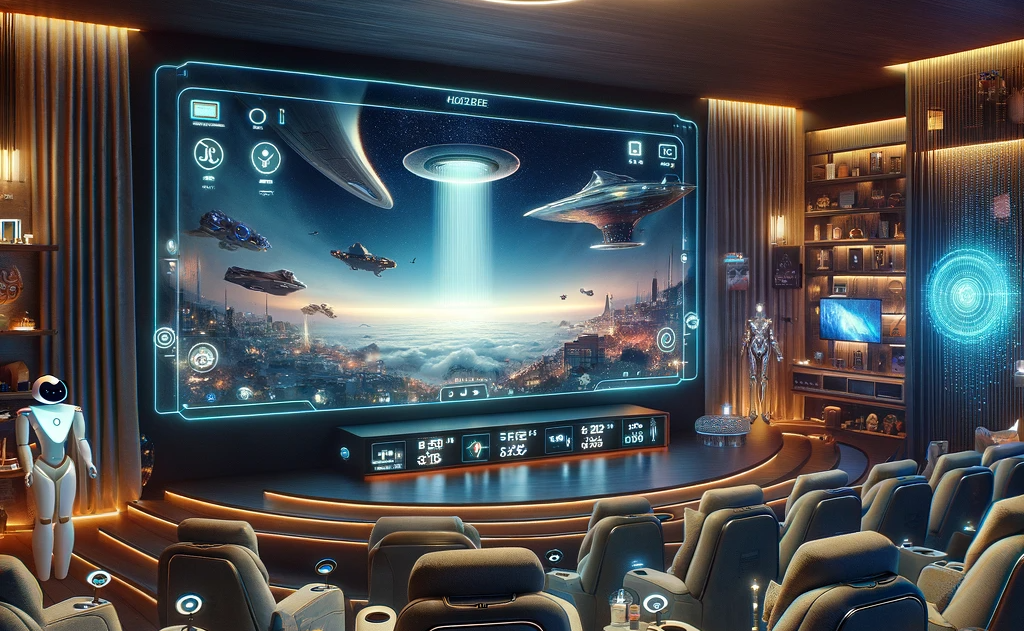 Futuristic sci-fi home theater with immersive giant screen, spaceship visuals, smart lighting, and luxury recliner seating