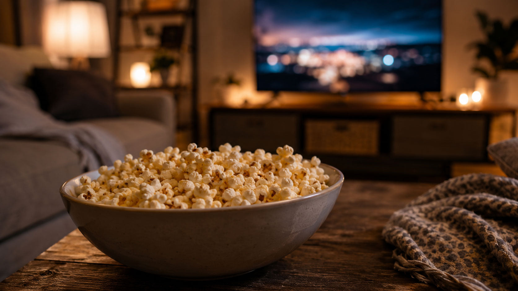 Movie night popcorn in a home theater setup