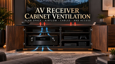 AV receiver cabinet ventilation showing equipment clearance, airflow, cables, and service access