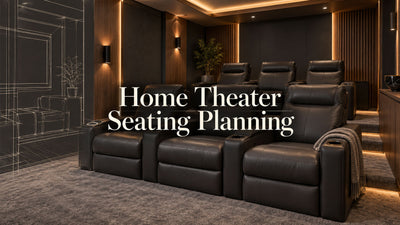 Modern home theater with reclining seats and architectural sketch overlays illustrating the transition from concept to a finished room.
