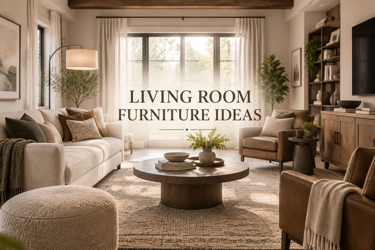Modern living room furniture ideas showing sofa, chairs, tables, storage, and balanced furniture arrangement.
