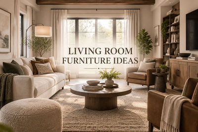 Modern living room furniture ideas showing sofa, chairs, tables, storage, and balanced furniture arrangement.