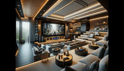 A luxurious home theater with tiered seating, a massive projector screen, and sleek modern decor.