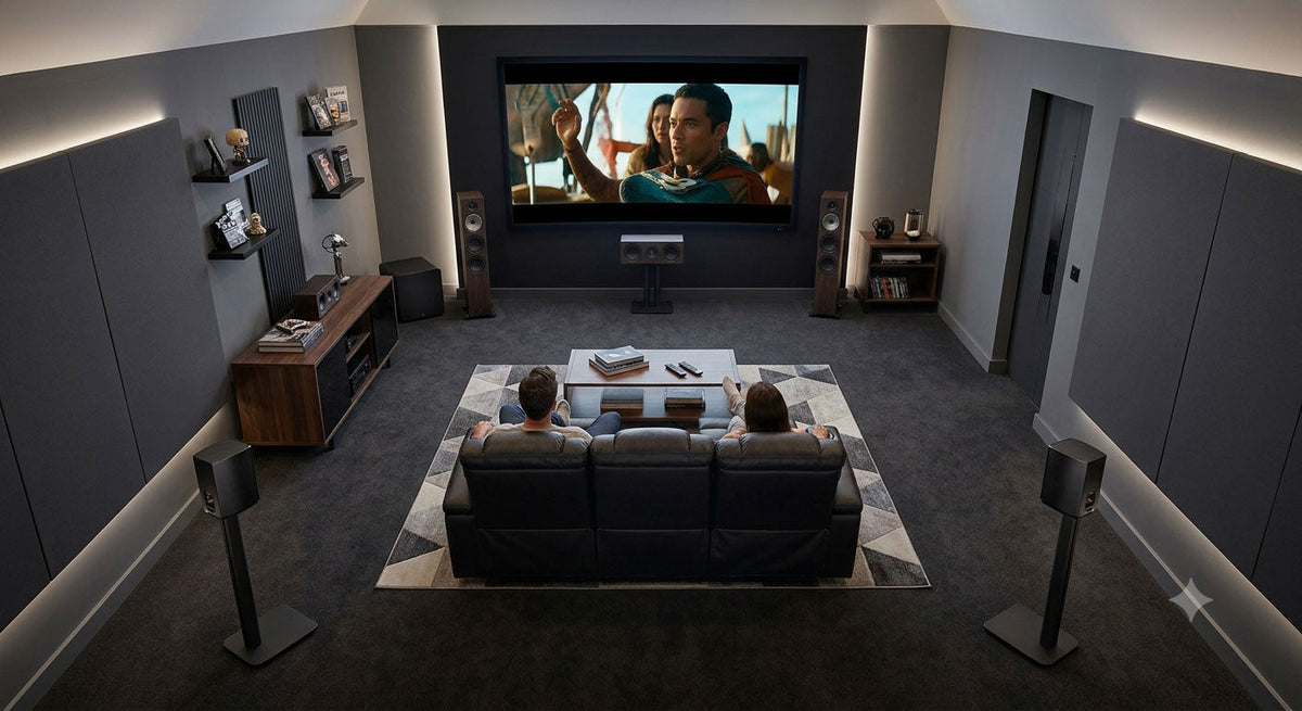 Wireless home theater setup with surround speakers and comfortable seating