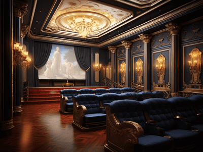 Luxury classical home theater with blue velvet seats, gold chandelier, ornate columns, and projector screen