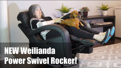 David Schwartz and her two dogs watch a movie in the home theater chairs of Weilianda