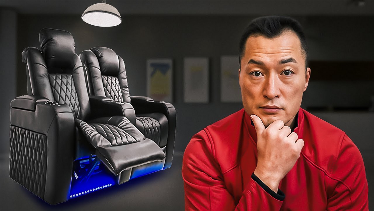 A person in a red jacket in front of an image of two black Weilianda home theater chairs in a reclined position, emphasizing the chairs' comfort and modern design.