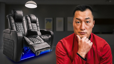 A person in a red jacket in front of an image of two black Weilianda home theater chairs in a reclined position, emphasizing the chairs' comfort and modern design.