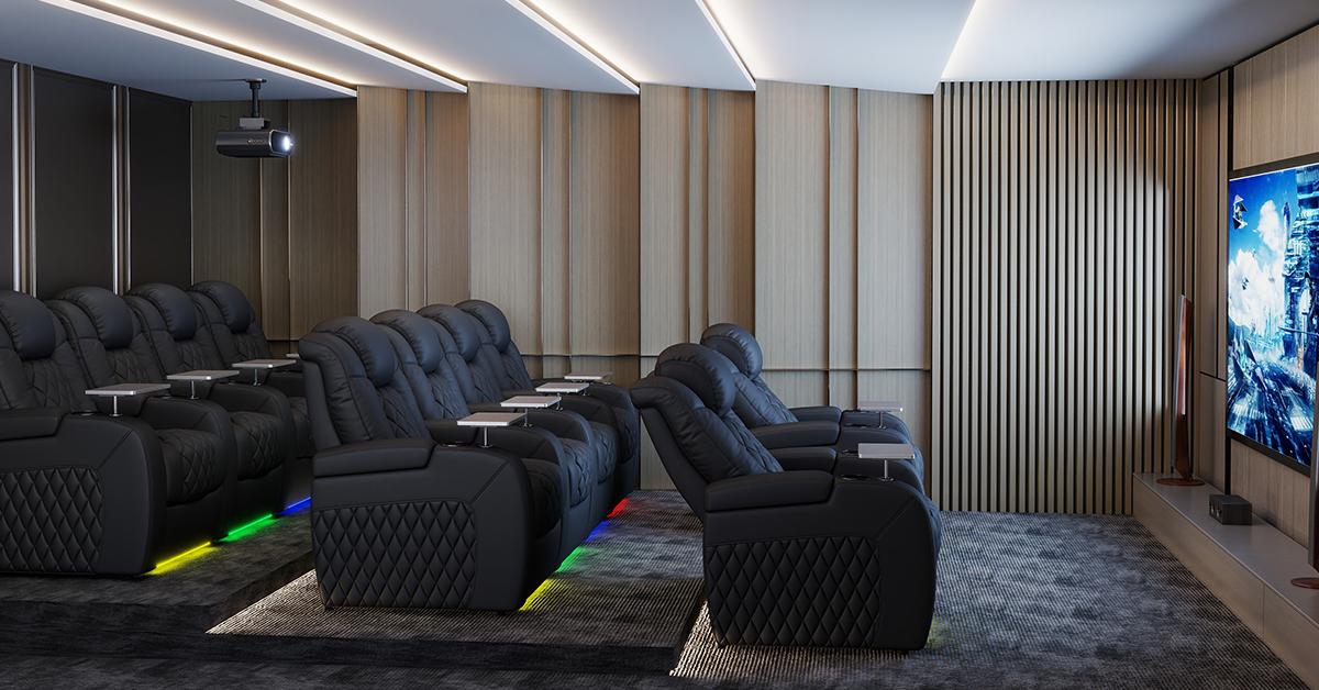 Luxury home theater seating in black leather with LED lighting