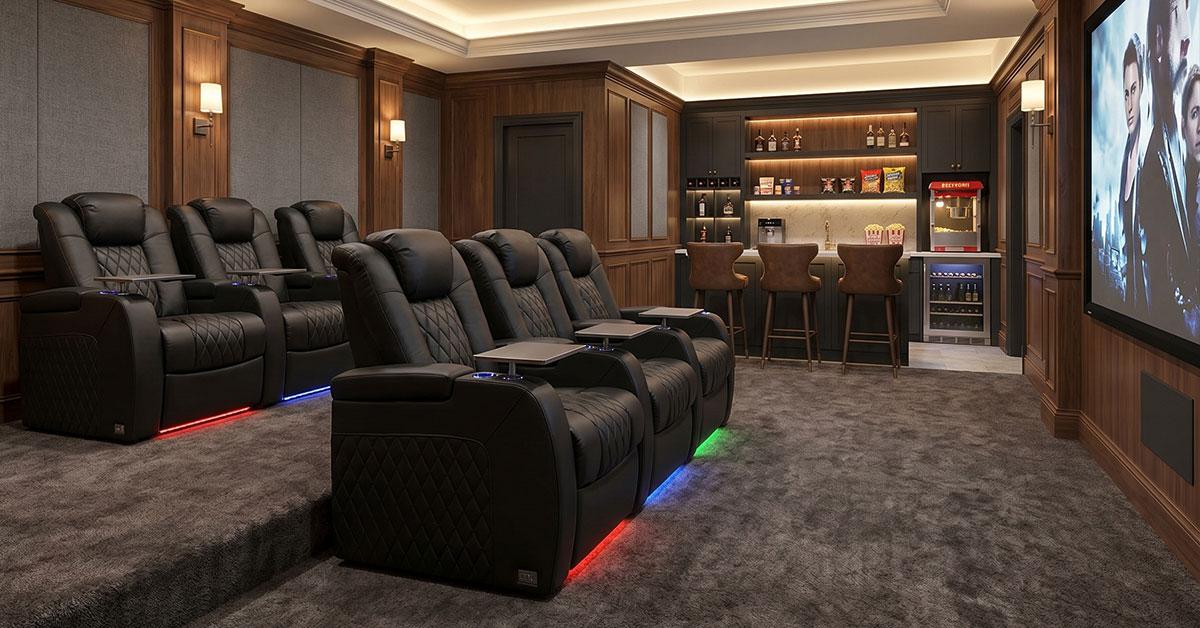 Luxury home theater with recliner seating and snack bar