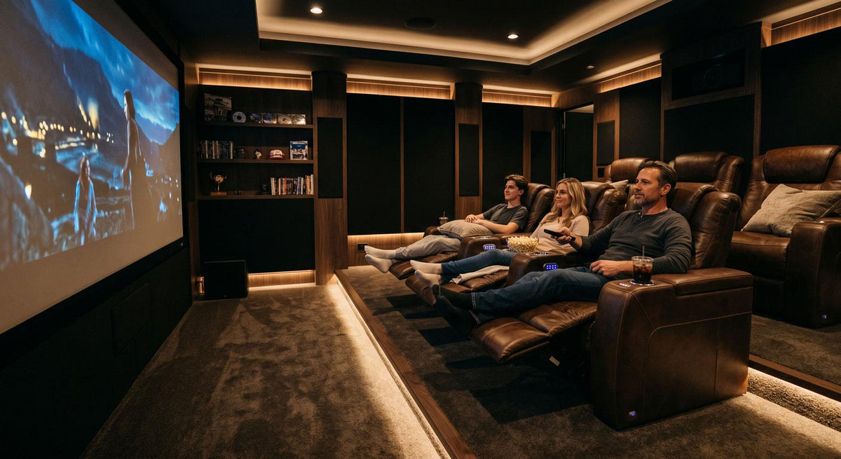 Modern theater sofa with wide seats and soft upholstery for a home entertainment room