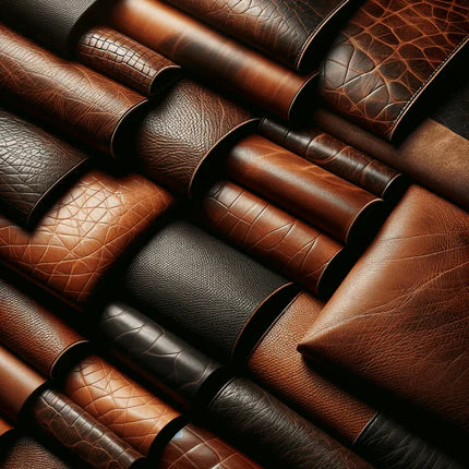 Various cuts and colors of genuine leather are stacked and arranged, showcasing their textures and craftsmanship.