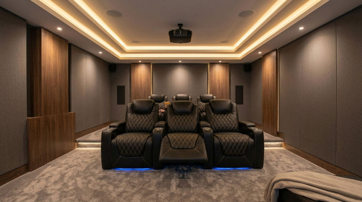 Electric recliner settee in a modern home theater media room