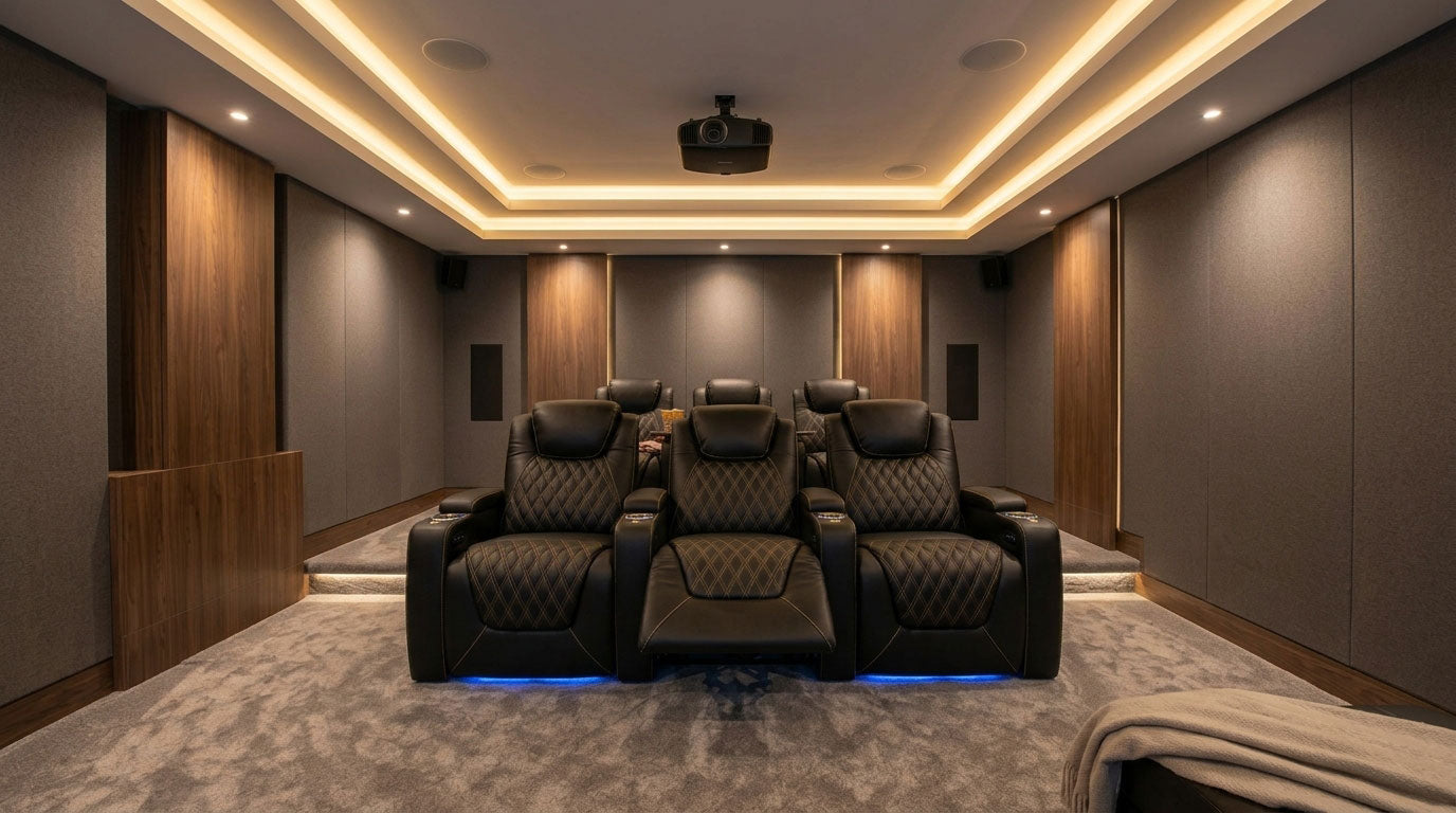 Electric recliner settee in a modern home theater media room