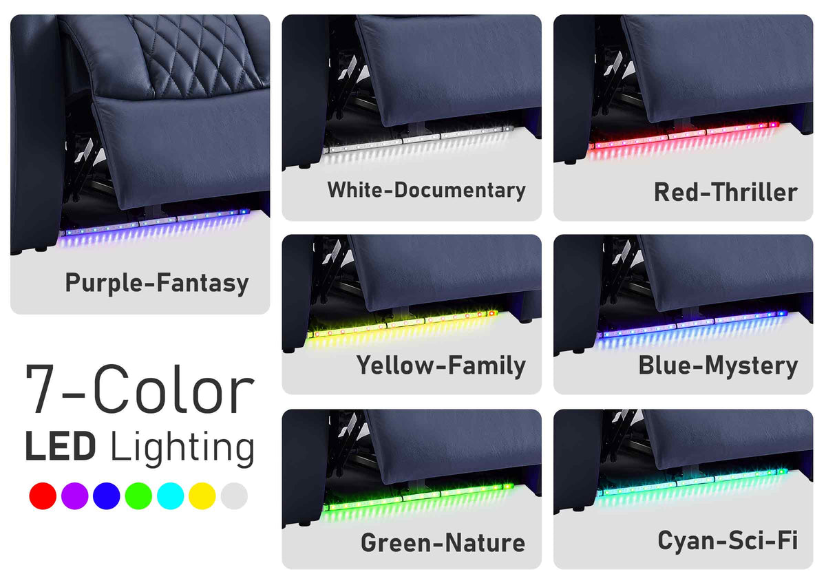 7‑color LED lighting guide for home theater seating by movie genre