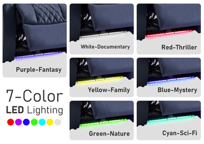 7‑color LED lighting guide for home theater seating by movie genre