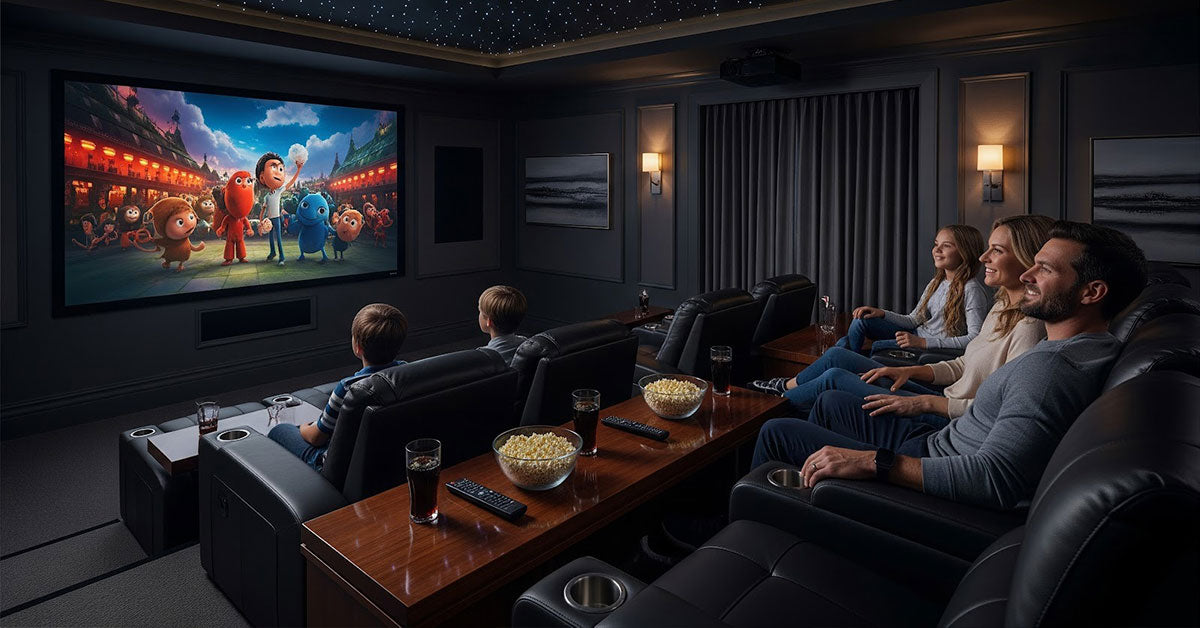 Family enjoying a movie in a home theater with recliner seats and snacks