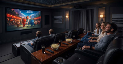 Family enjoying a movie in a home theater with recliner seats and snacks