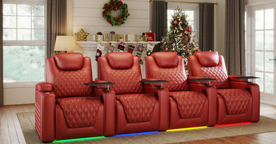 red home theater recliner seating with tray tables and LED base lights