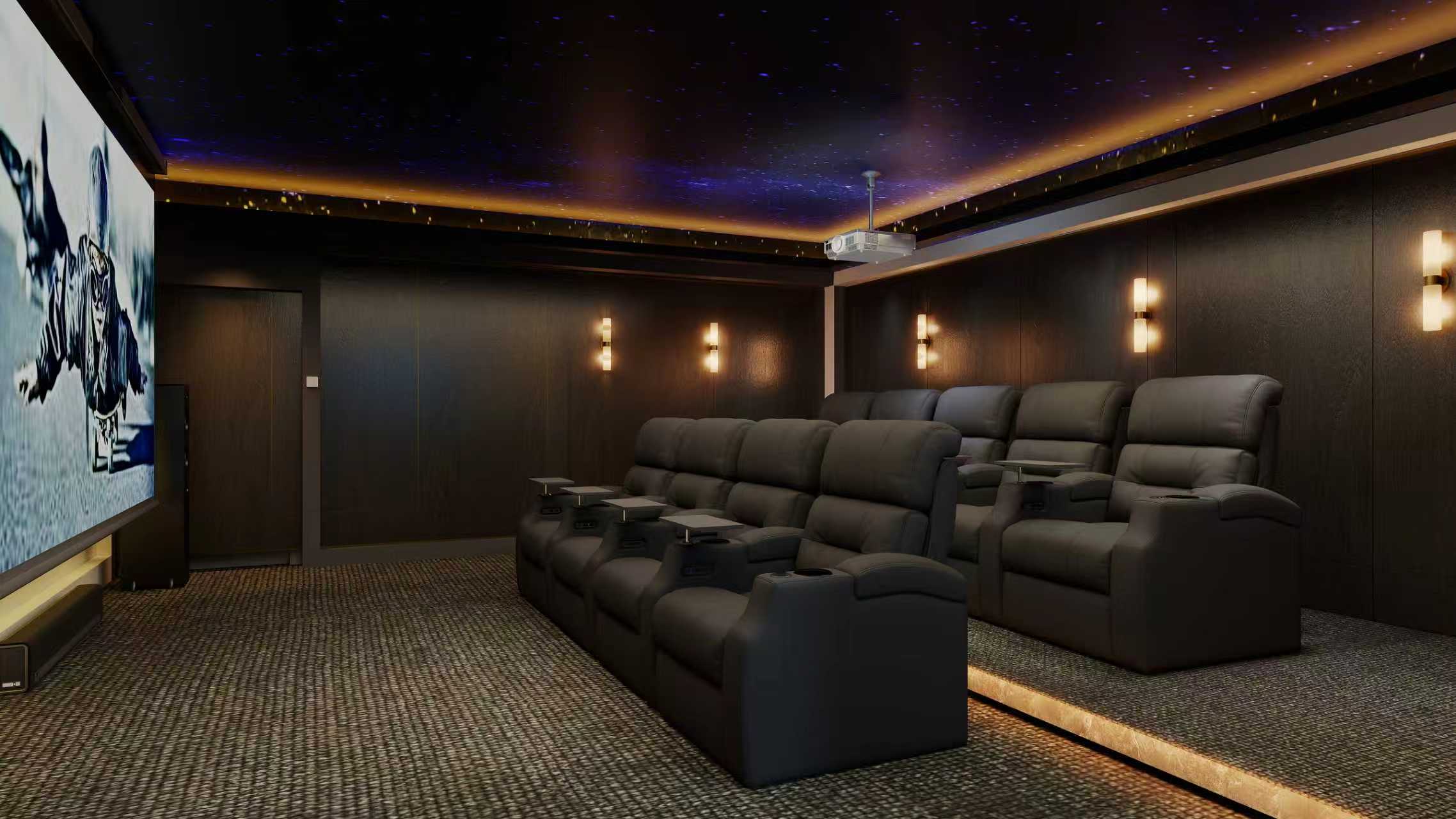 Luxury home theater with two rows of black recliner seating, tray tables, and projector