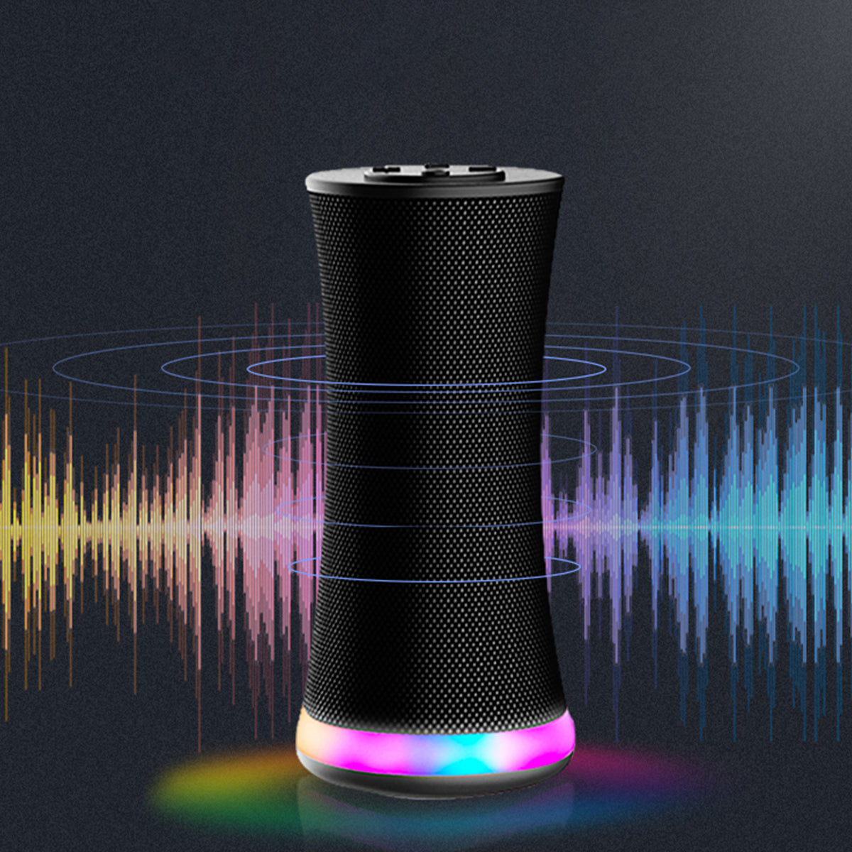 A smart speaker or wireless audio device with a sleek, hourglass-shaped design. 