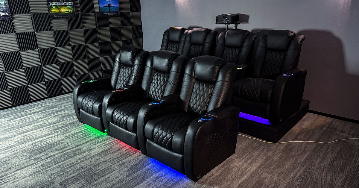 Home cinema recliner rows with LED base lighting