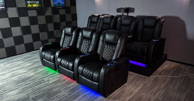 Home cinema recliner rows with LED base lighting