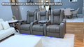 Grey luxury home theater recliner row with blue LED base lighting