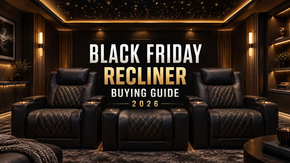 Black Friday recliner buying guide with black leather home theater seating in a modern media room