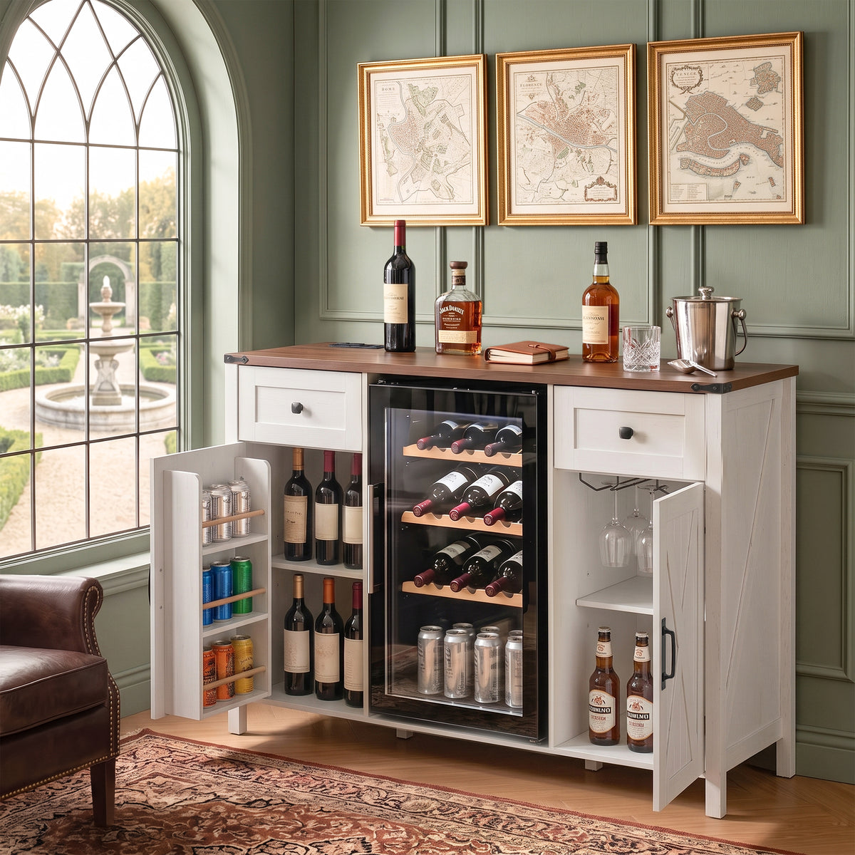 53.2" Farmhouse Fridge Cabinet Cabinet with Power Outlet, White
