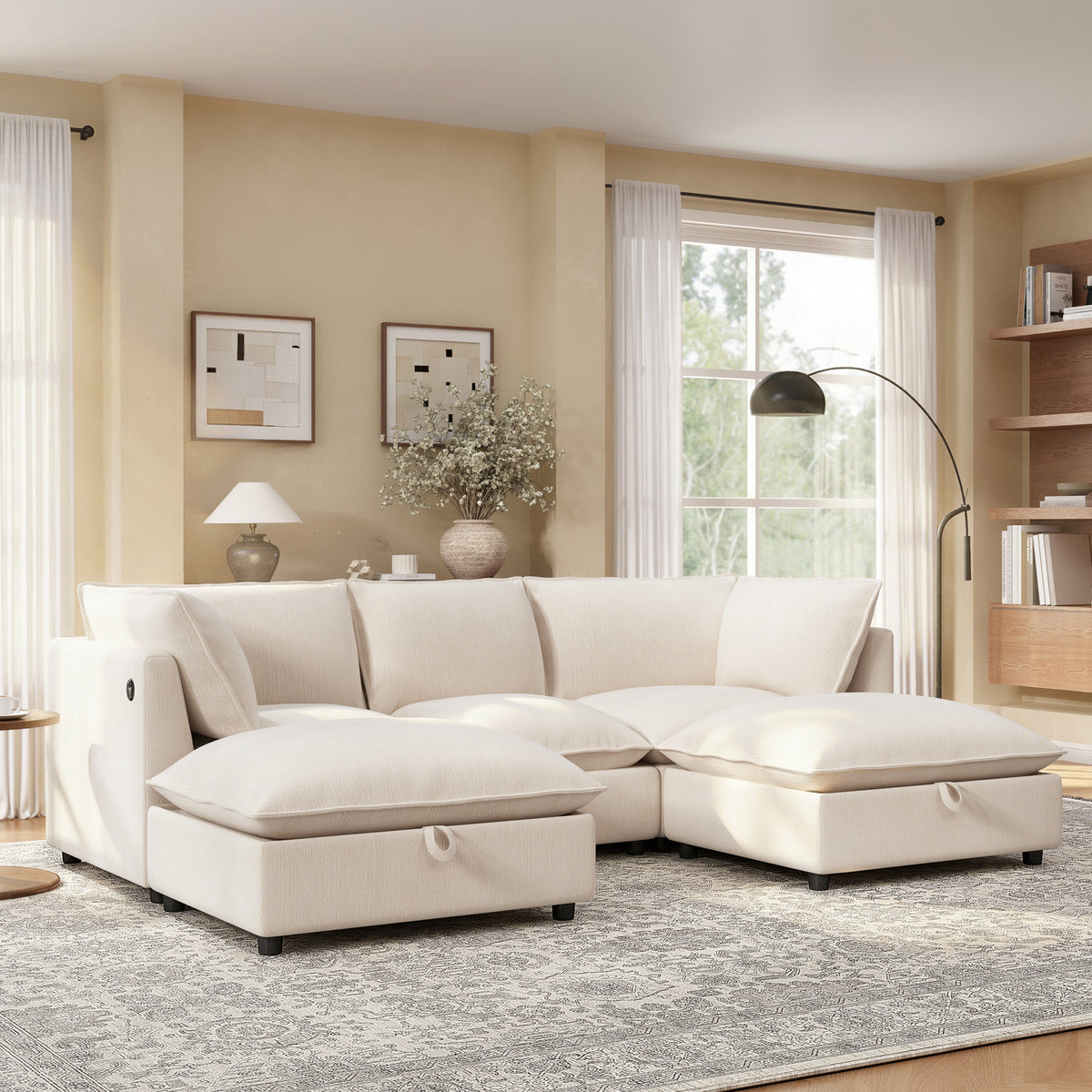 Versatile 98" U-Shaped Cloud Sectional with Storage Ottoman, Charging & Cup Holders