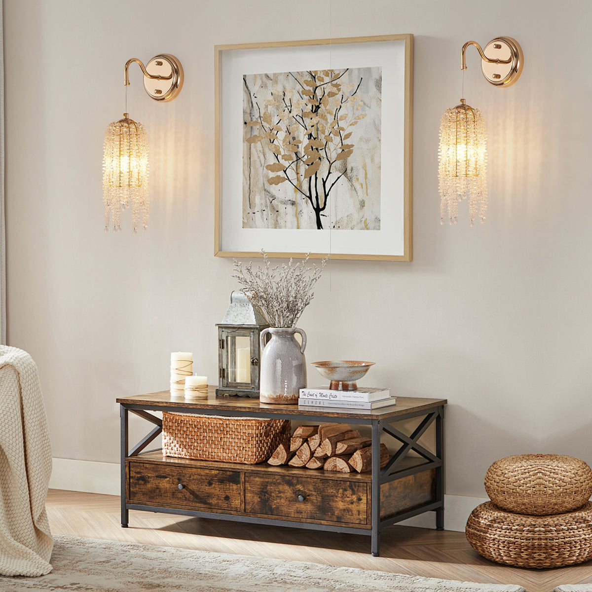 Glamorous Cascading Crystal Bead Wall Sconces, Set of 2, Gold