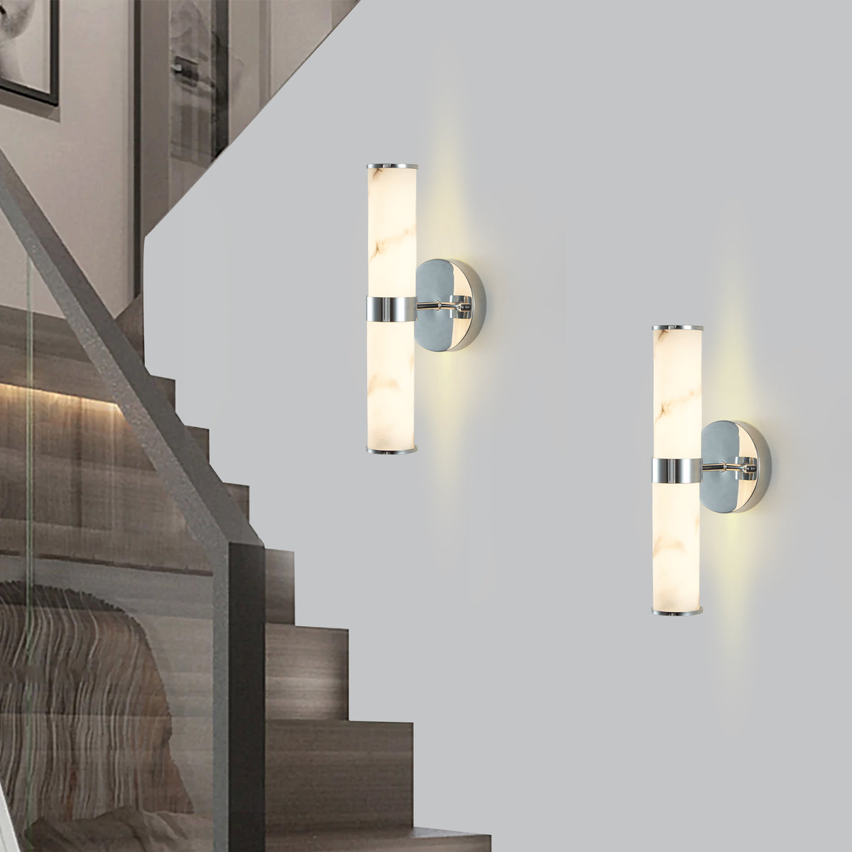 Elegant Faux Marble Chrome Wall Sconces, Set of 2