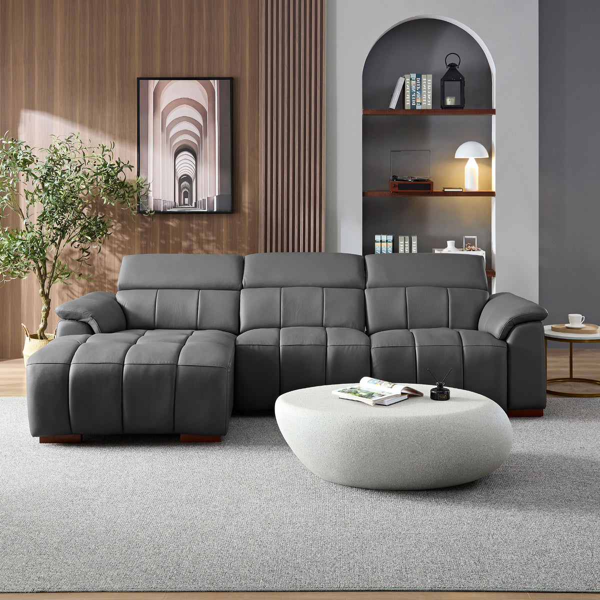 Premium L-Shaped Power Reclining Leather Sectional with USB, Headrests & Footrests