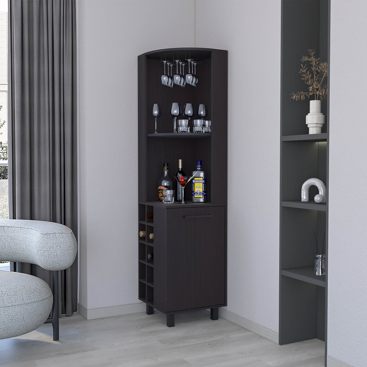 Elegant Corner Bar Cabinet with Wine Rack & Ample Storage, Wengue