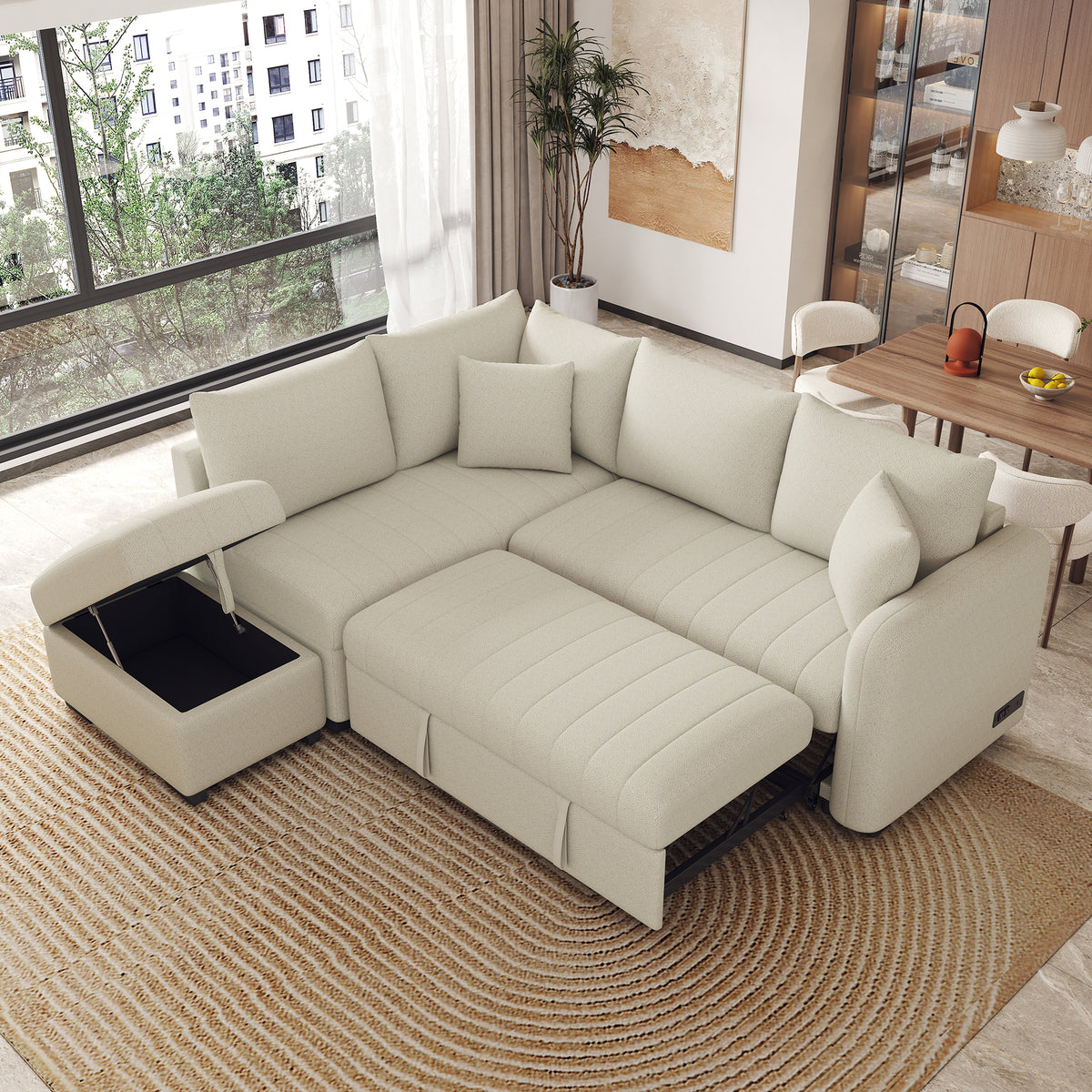 Versatile U-Style Sleeper Sectional with Storage, USB Port & Dual Cup Holders