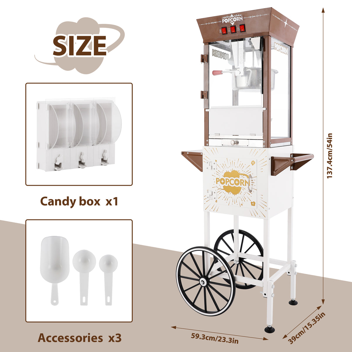 Classic 12 Oz Retro Popcorn Machine Cart with 3-Switch Control & 3 Candy Boxes, White