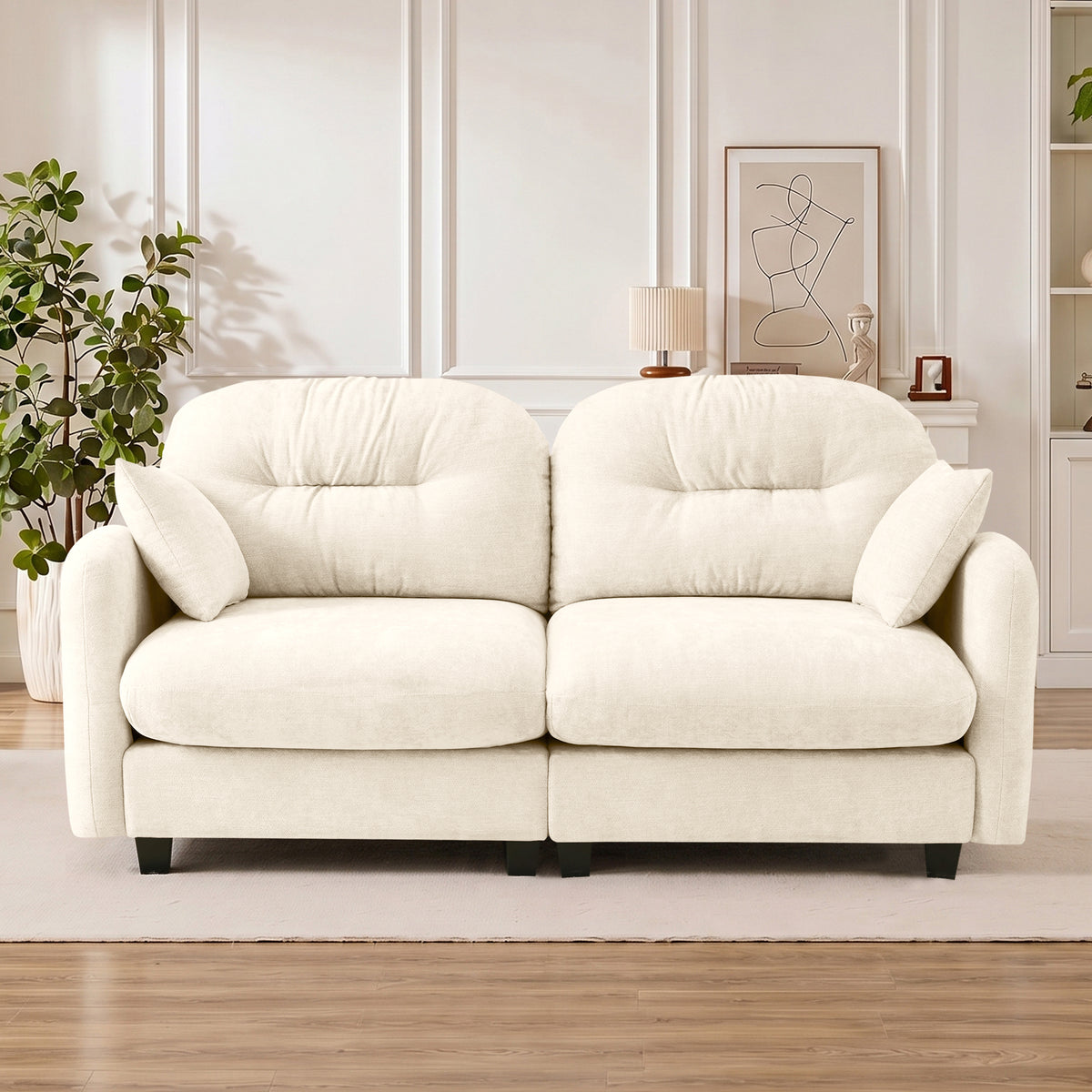 Plush L-Shaped Modular Sectional Sofa with Ottoman & Tufted Backrest, Beige