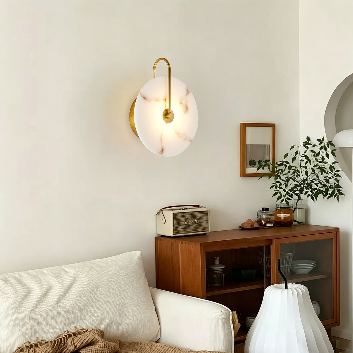 Elegant 9.8" Round Alabaster Wall Sconce with Natural Marble Shade, Gold