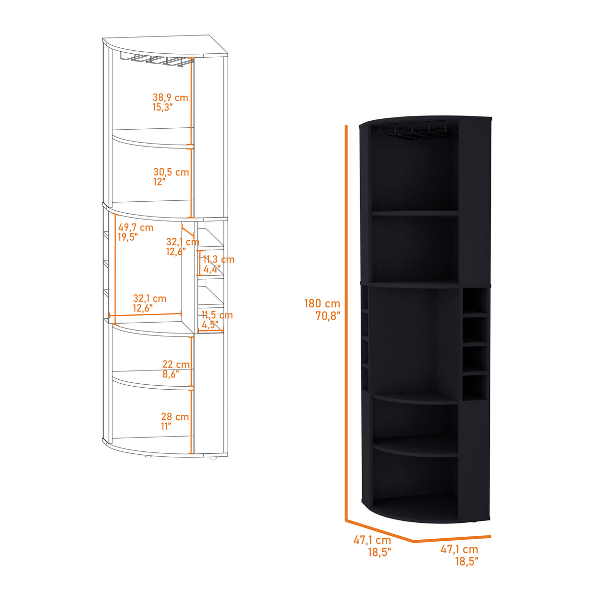 Space-Saving Corner Bar Cabinet with Wine Rack & Cup Hanger, Black
