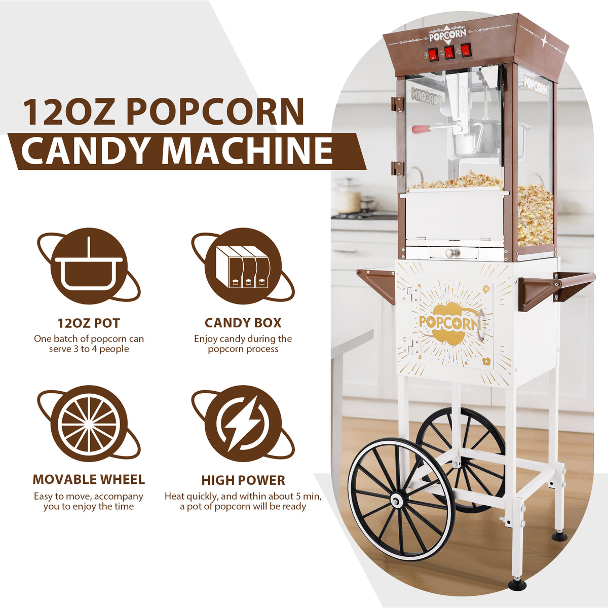 Classic 12 Oz Retro Popcorn Machine Cart with 3-Switch Control & 3 Candy Boxes, White