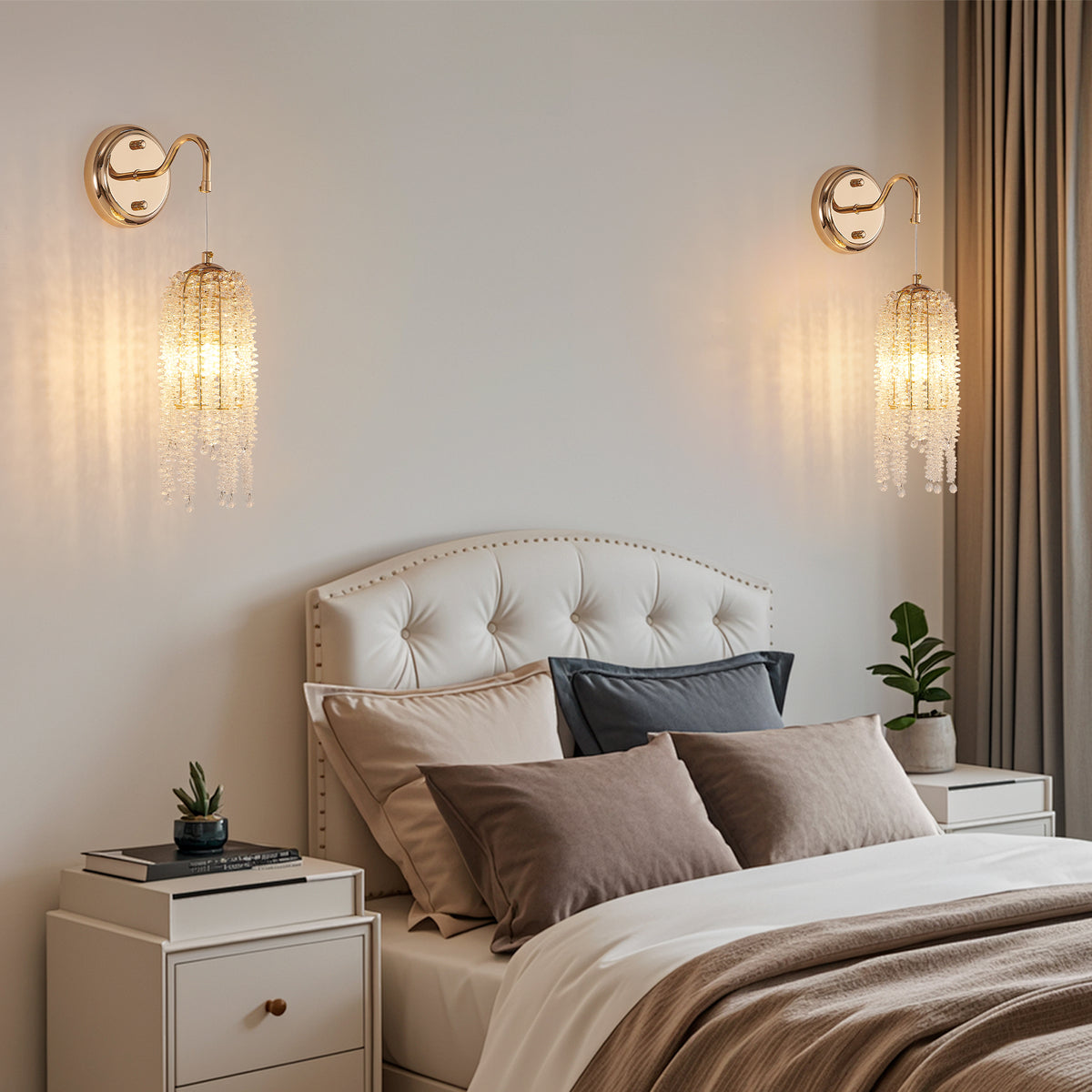 Glamorous Cascading Crystal Bead Wall Sconces, Set of 2, Gold