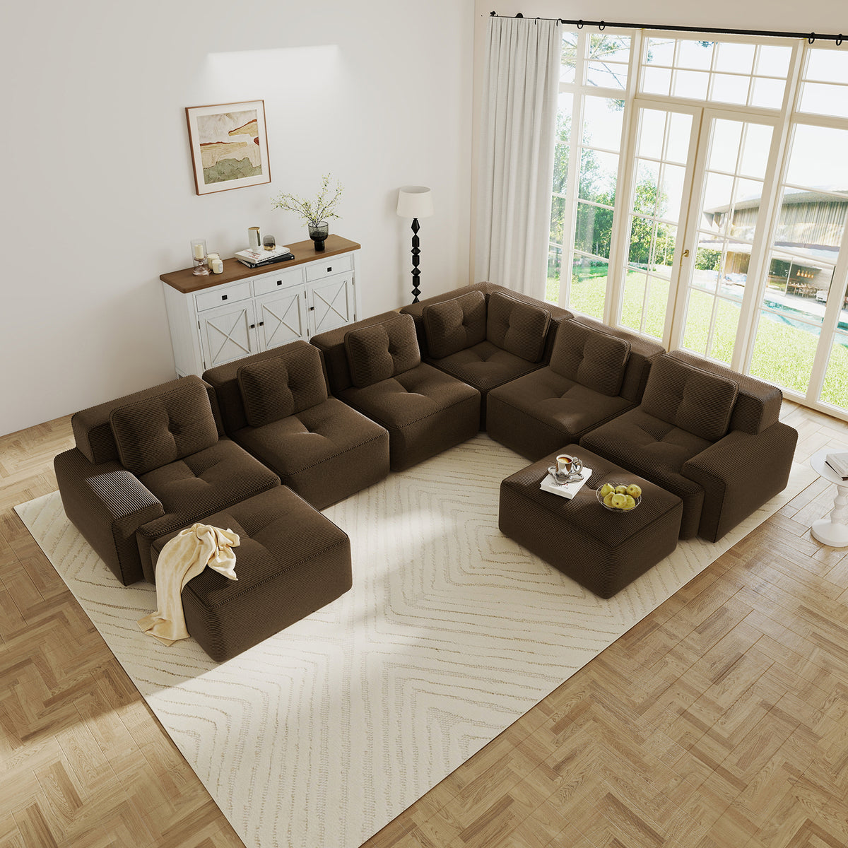 Oversized 6-Seater V-Shaped Corduroy Sectional with Dual Movable Ottomans