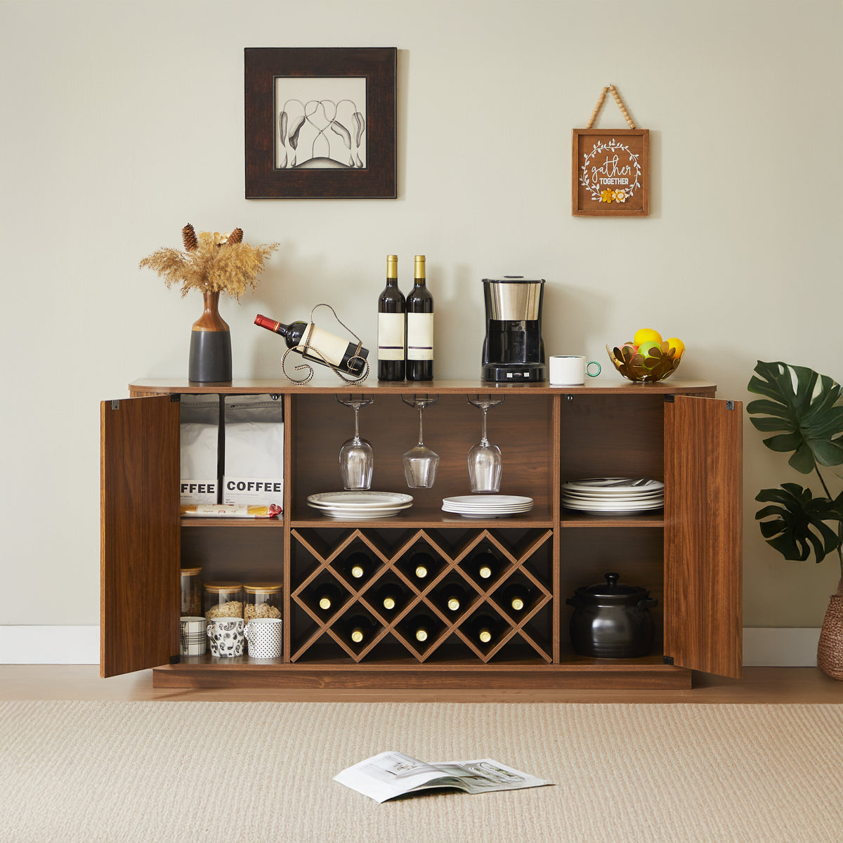 Modern 58" Wavy Sideboard with Wine Rack & Glassware Storage, Walnut