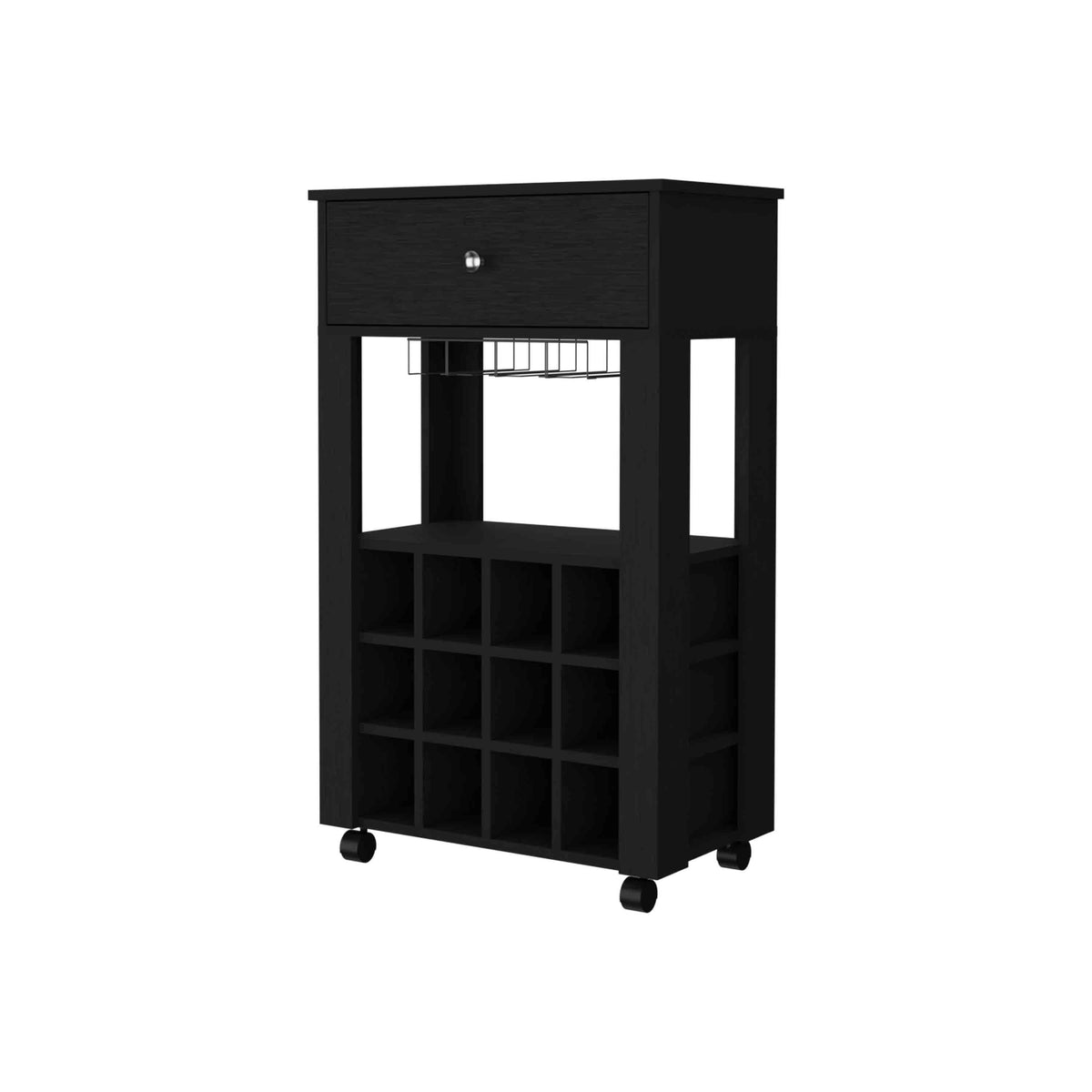 Versatile Rolling Bar Cart with 12-Bottle Wine Rack, Drawer & Glass Holder, Black