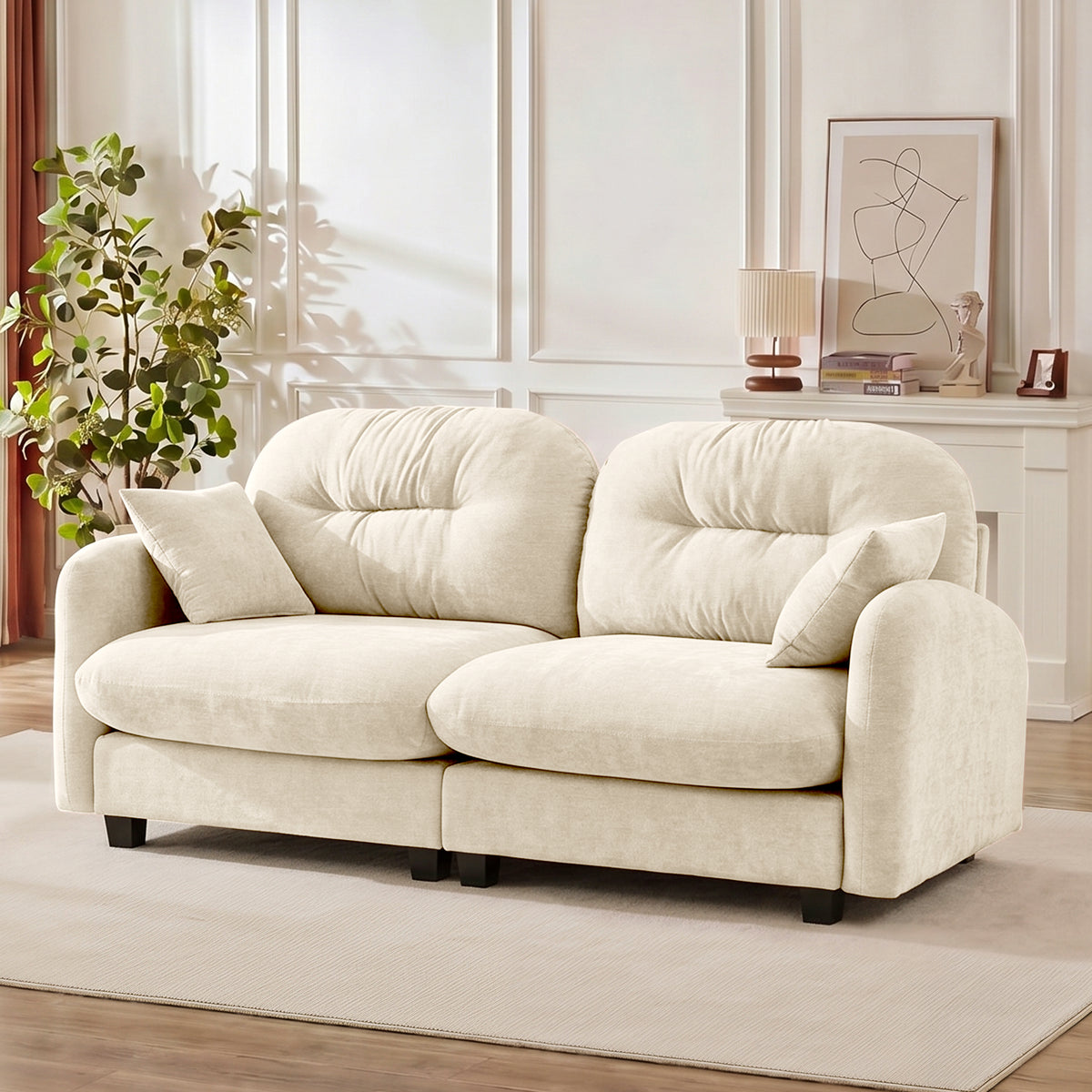 Plush L-Shaped Modular Sectional Sofa with Ottoman & Tufted Backrest, Beige