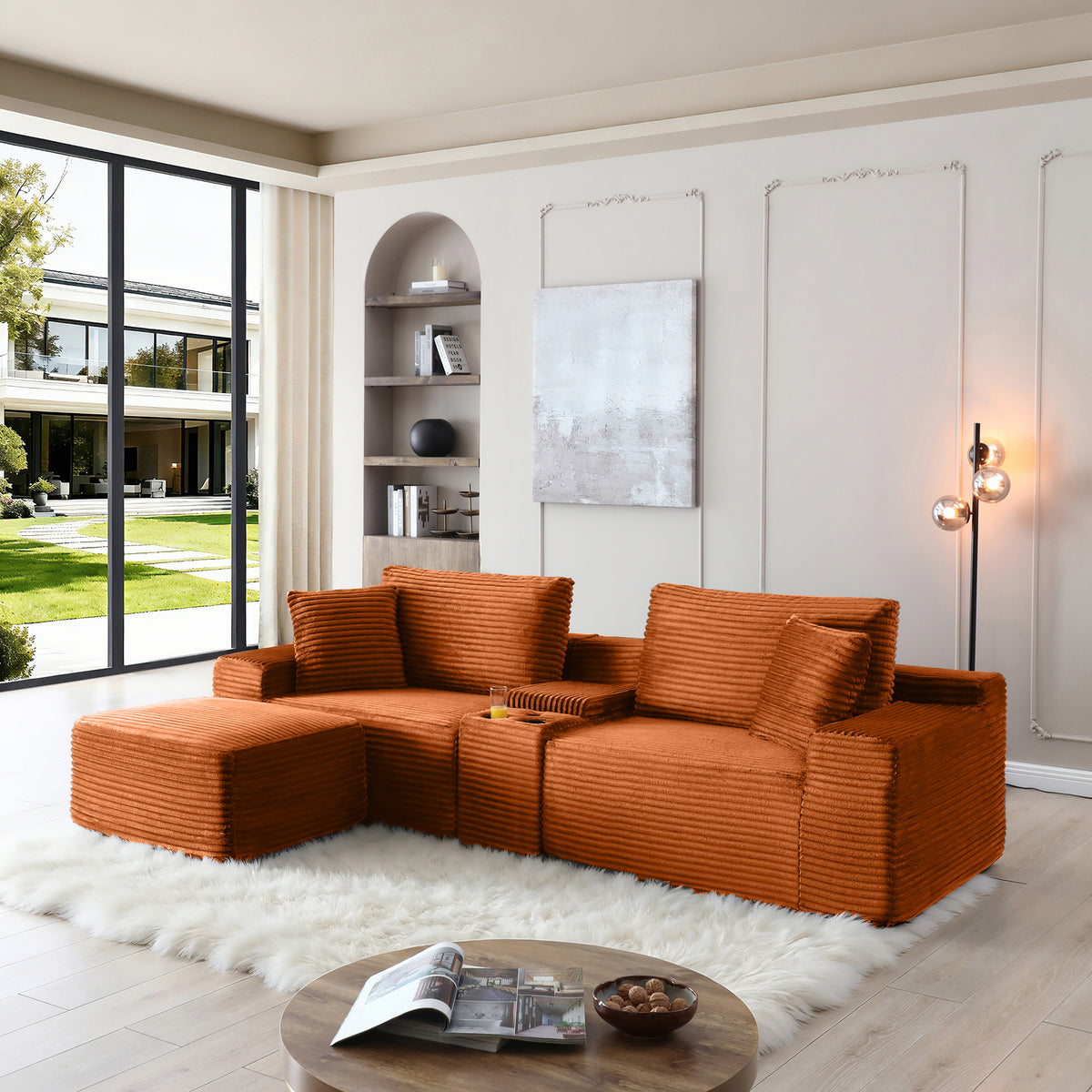 Plush Deep-Seat Corduroy Cloud Sectional with Storage, Charging & Movable Ottoman