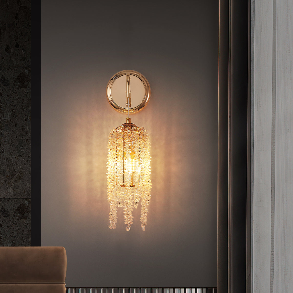 Glamorous Cascading Crystal Bead Wall Sconces, Set of 2, Gold